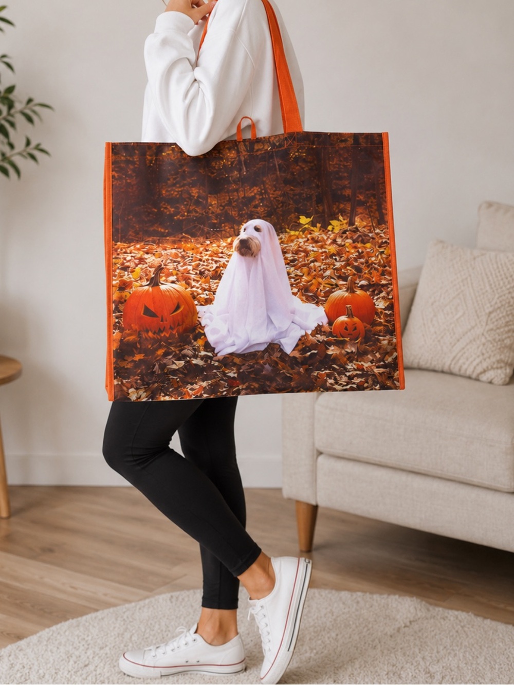 Halloween Trick-or-Treat Tote Bag with Ghost Dog Print - Orange Brand New